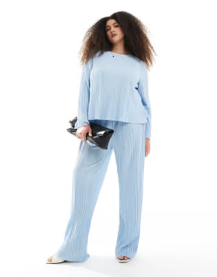 Pieces Curve plisse wide leg trouser co-ord in light blue | ASOS (Global)