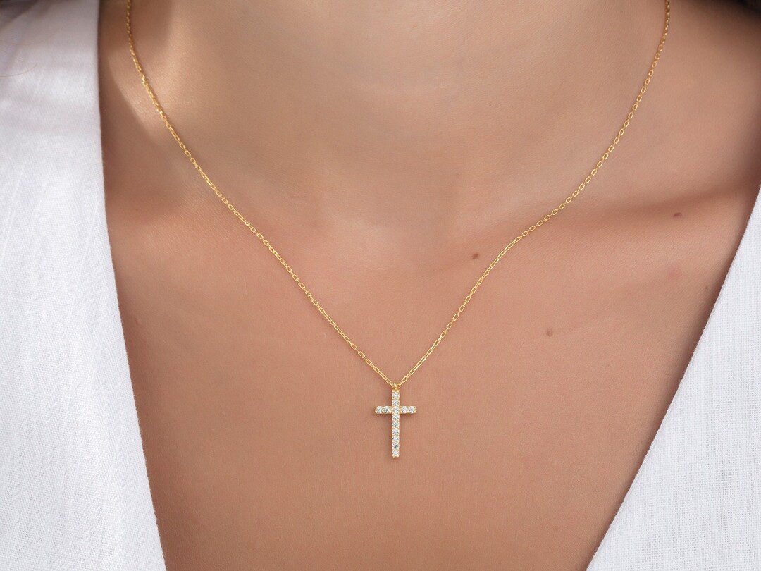 14K Dainty Diamond Cross Necklaces Solid Gold Crucifix - Etsy | Etsy (US)