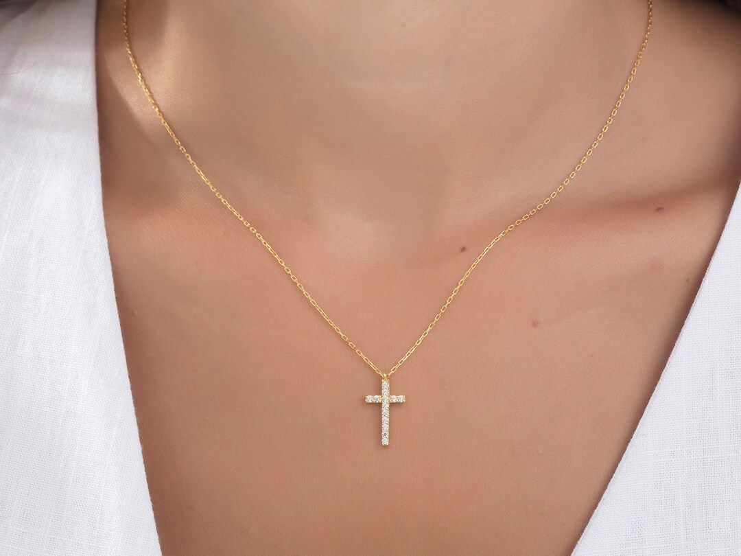14K Dainty Diamond Cross Necklaces Solid Gold Crucifix - Etsy | Etsy (US)