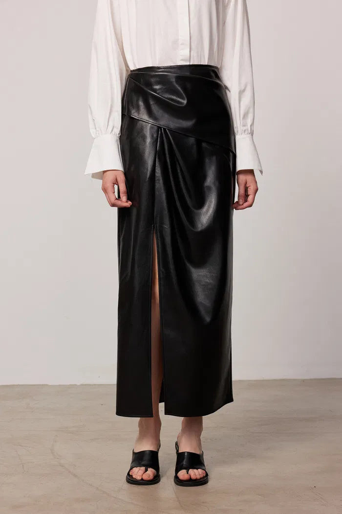 Leona Pleated Slit Skirt in Vegan Leather | Fabrique