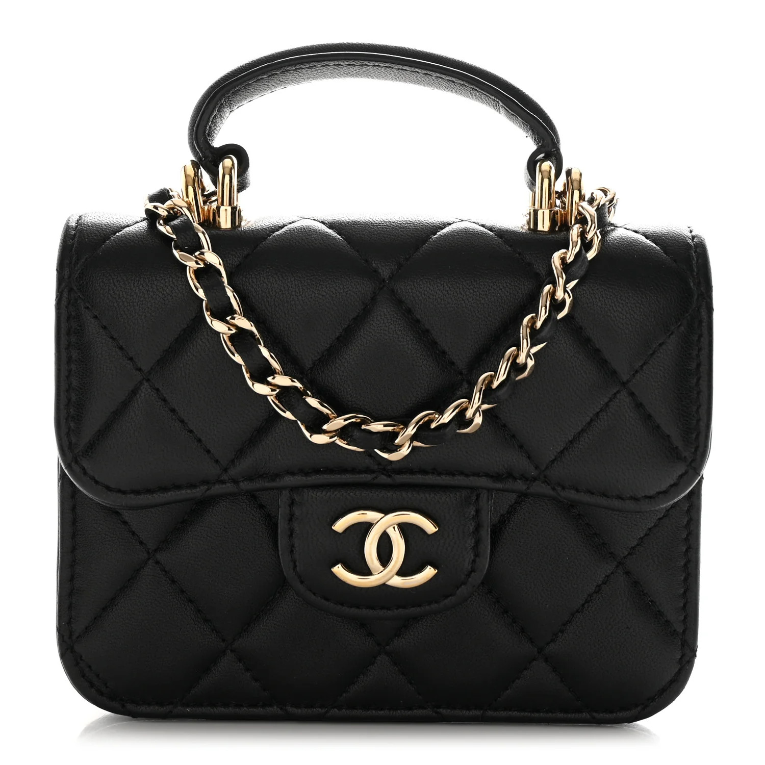 Lambskin Quilted Top Handle Flap Coin Purse With Chain Black | FASHIONPHILE (US)