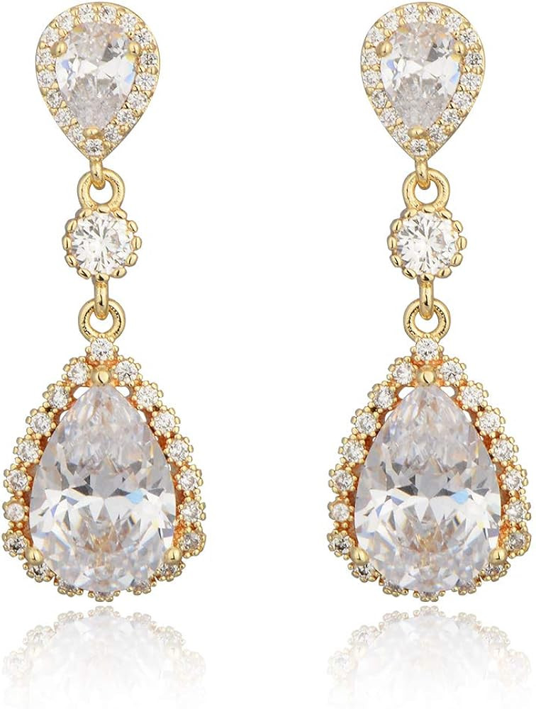 Teardrop Dangle Earrings for Wedding - Sparkly Sterling Silver Cubic Zirconia Crystal Rhinestone ... | Amazon (US)