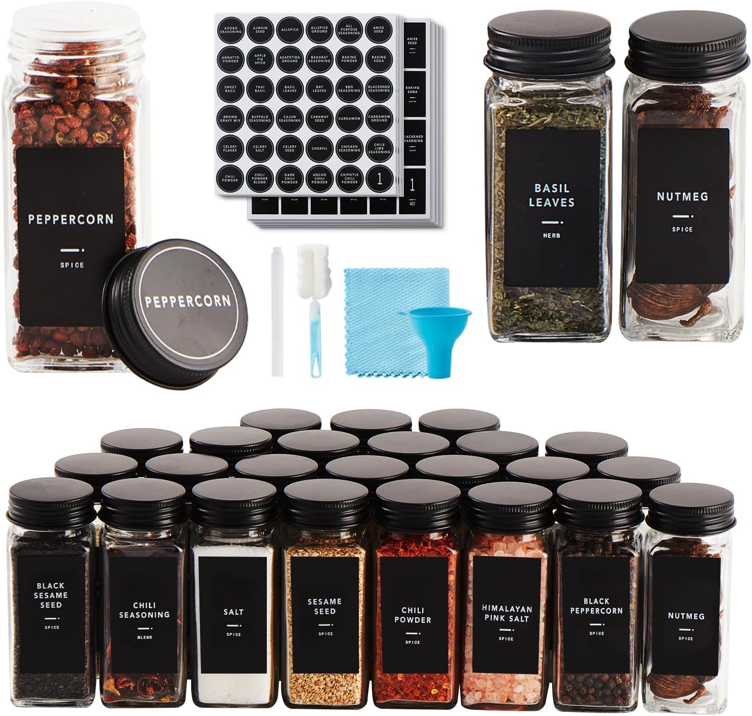 25 Pcs Spice Jars with Label- Glass Spice Jars with Black Metal Caps,Shaker Lids, Funnel, Chalk P... | Amazon (US)