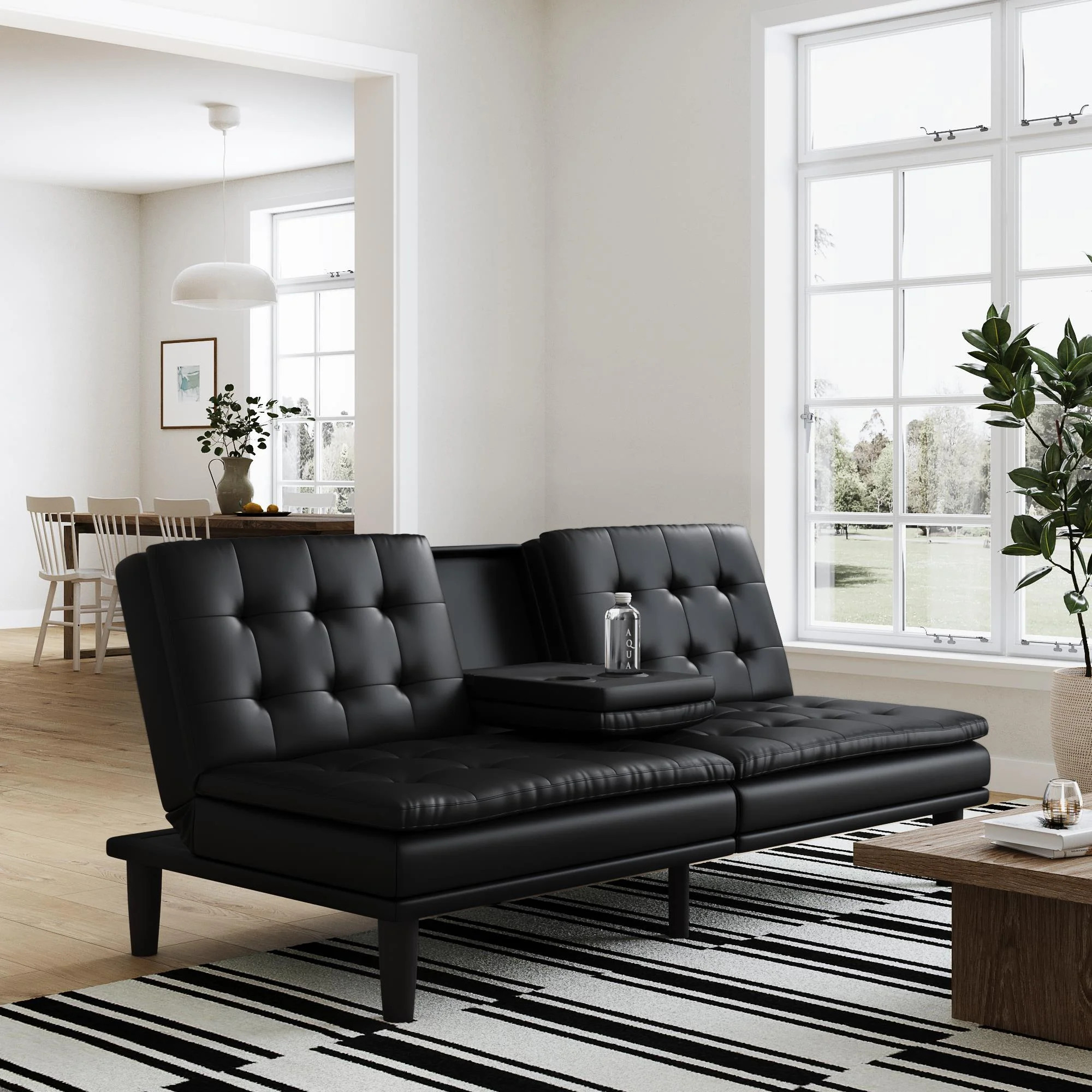 Mainstays Memory Foam PillowTop Futon with Cupholder, Black Faux Leather - Walmart.com | Walmart (US)