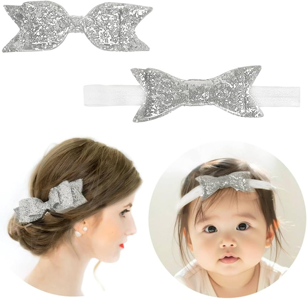 Mommy and Baby Girls Sparkle Bow Hair Accessories Newborn Toddler Elastic Hair Bow Headbands Bow-... | Amazon (US)