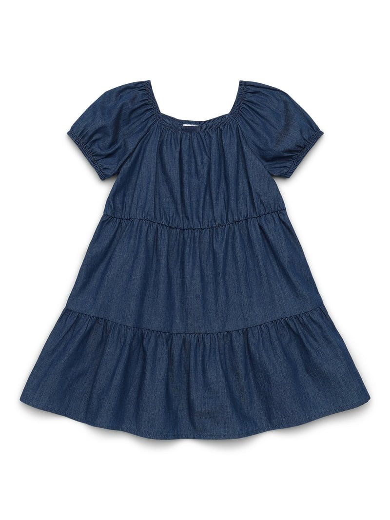 Wonder Nation Toddler Girl's Tiered Cotton Dress with Short Puff Sleeves, Sizes 12M-5T | Walmart (US)