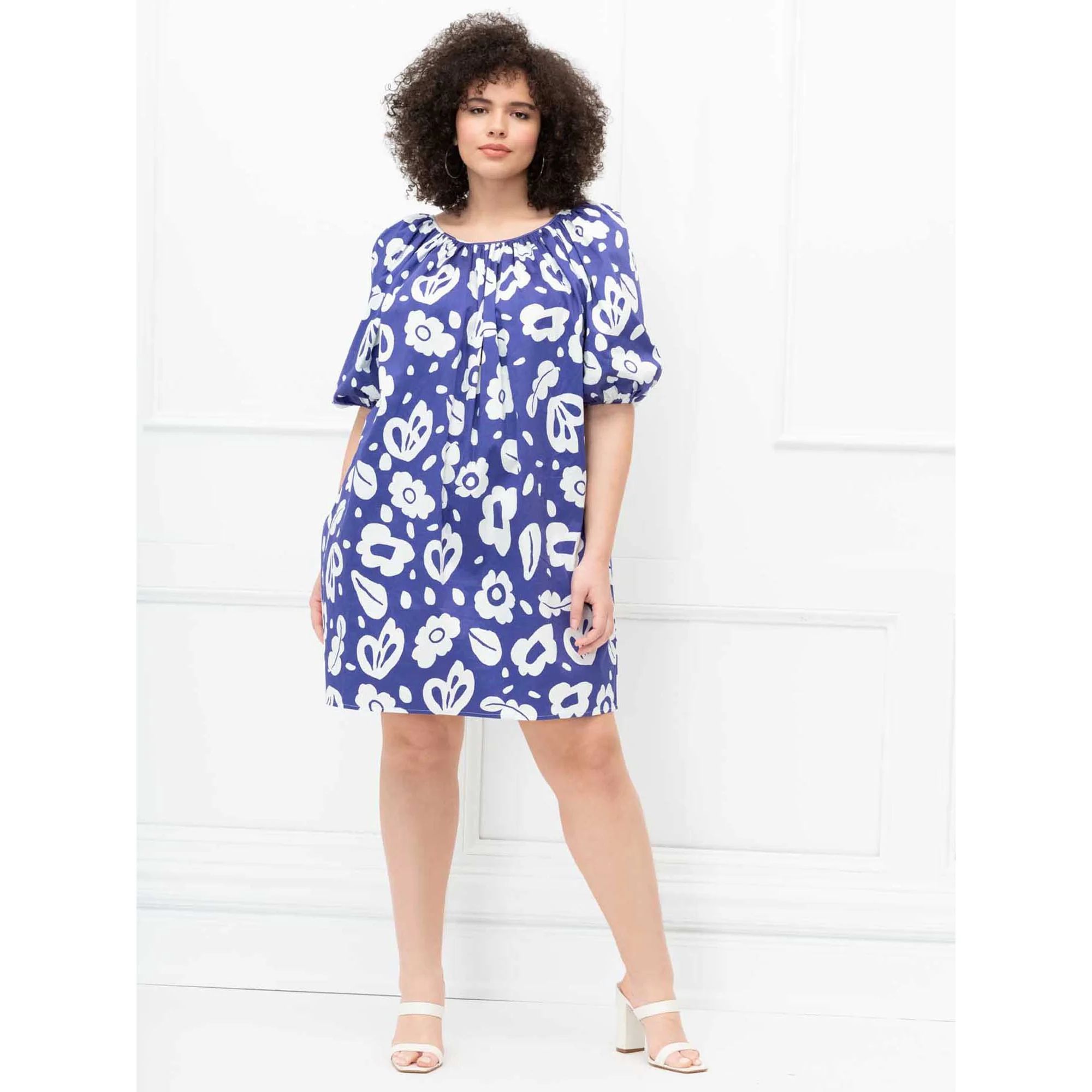 ELOQUII Elements Women's Plus Size Stencil Print Tie-Back Puff Sleeve Dress | Walmart (US)