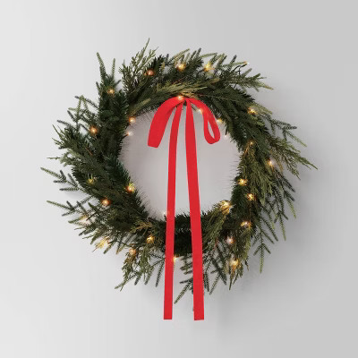 28" Christmas Led Mixed Norfolk and Cedar Wreath with Red Velvet Bow - Wondershop™ | Target