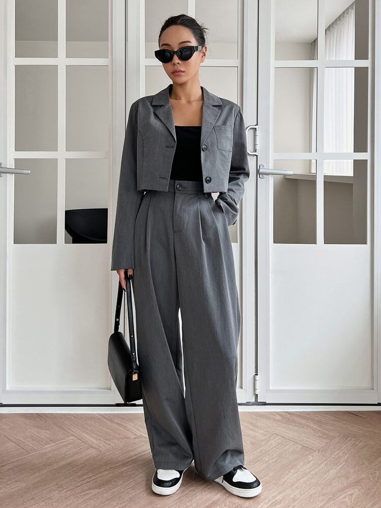 DAZY Patched Pocket Single Breasted Blazer & Plicated Detail Tailored Pants | SHEIN