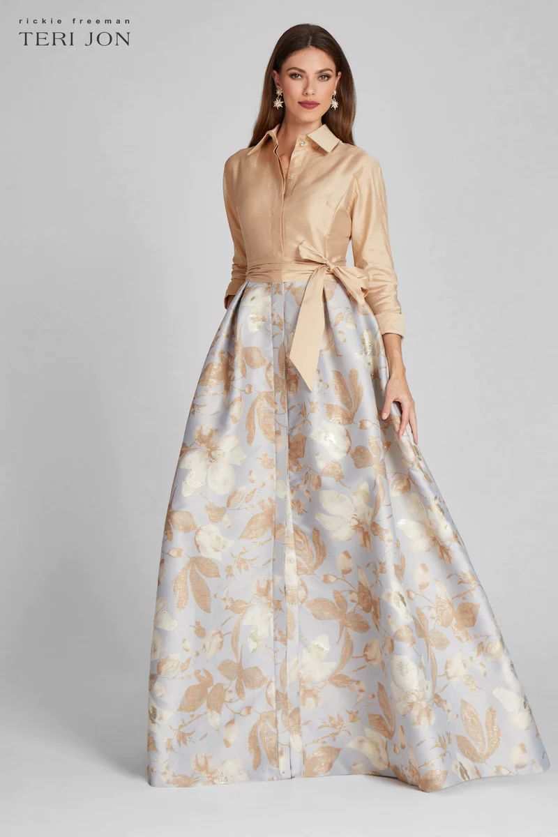 Taffeta Shirt Gown With Jacquard Floral Skirt | TERIJON
