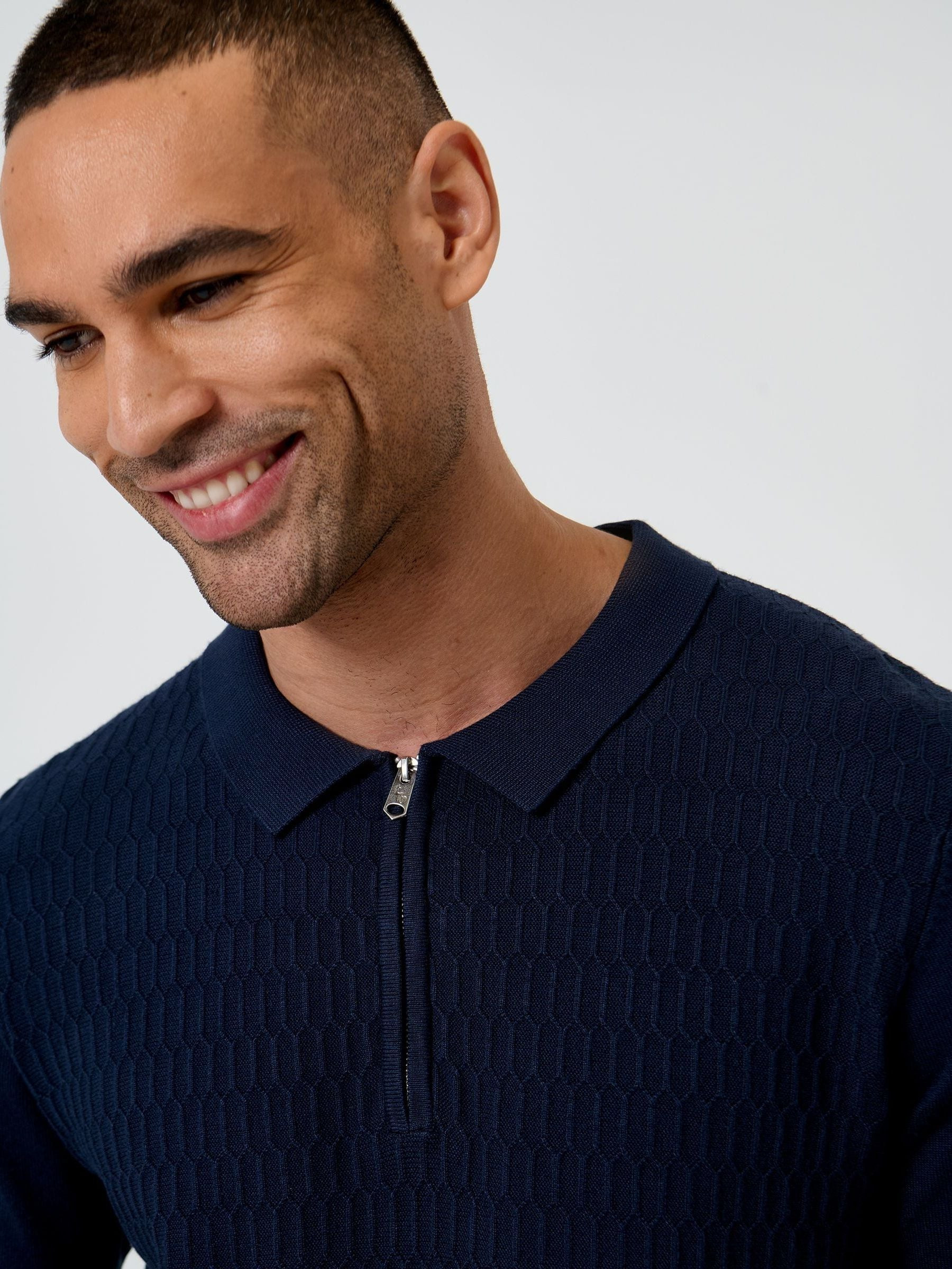 Threadbare Threadbare Blue Textured Knit Quarter Zip Polo Shirt | Next US