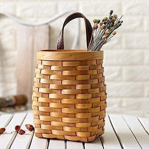 hanging wicker basket Hand-Woven Wood Storage Basket Portable Wall Hanging Flower Basket Organize... | Amazon (US)