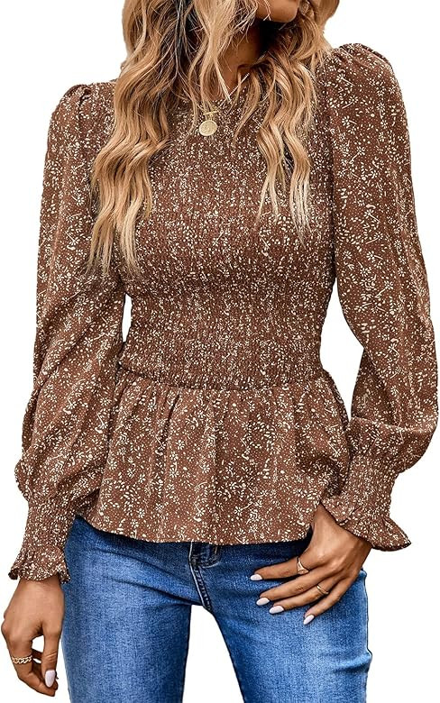 PRETTYGARDEN Women's Tops Casual Long Sleeve Crewneck Floral Print Smocked Ruffle Hem Slim Babydoll  | Amazon (US)