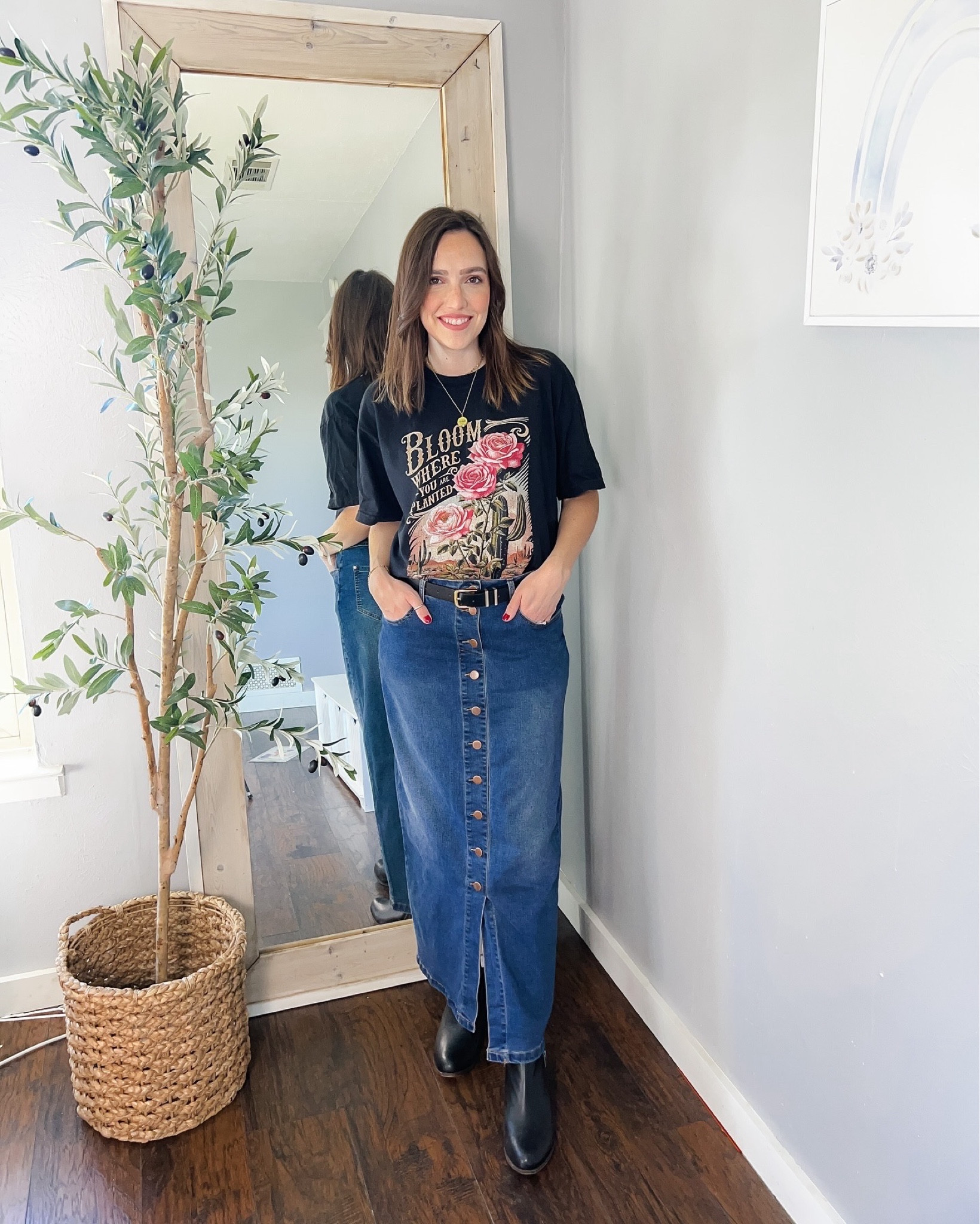 Modest outfit | casual outfit | Christian fashion blogger

• Graphic tee is from The Christian Boho | discount code: MICHELLE | tee is called “Cactus Bloom Shirt” (linked similar items from other retailers)

• Button down maxi denim skirt is from The Main Street Exchange | discount code: MICHELLE10 | skirt is called “Leanne” skirt (linked similar items from other retailers)

EXACT ITEMS:
• Lucky brand black booties 
• Locket necklace from Jewlr
• The rest of my jewelry is from Made by Mary (discount code MICHELLE10)
• Belt from Amazon 