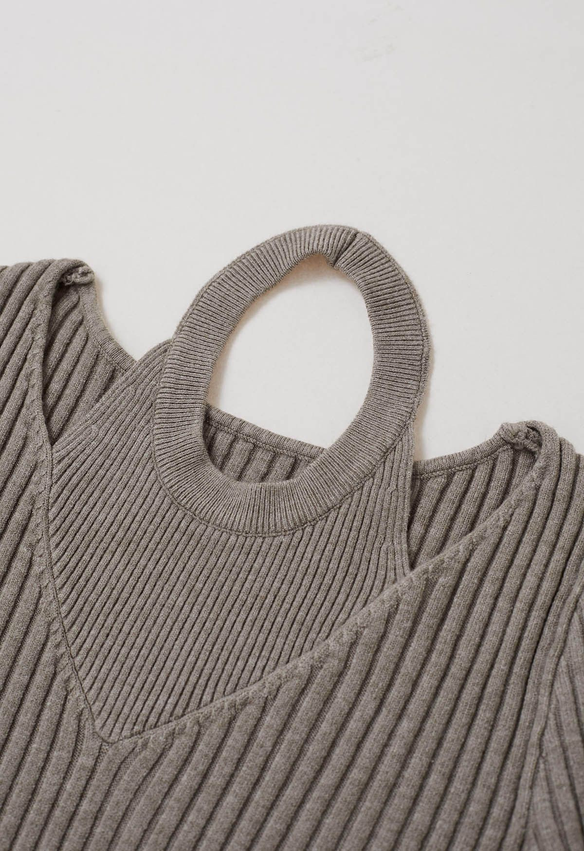 Cutout Neckline Ribbed Knit Midi Dress in Taupe | Chicwish