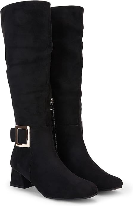Amazon.com | Women's Faux Suede Knee High Boots Metal Buckle Side Zipper Block Chunky Heel Winter... | Amazon (US)