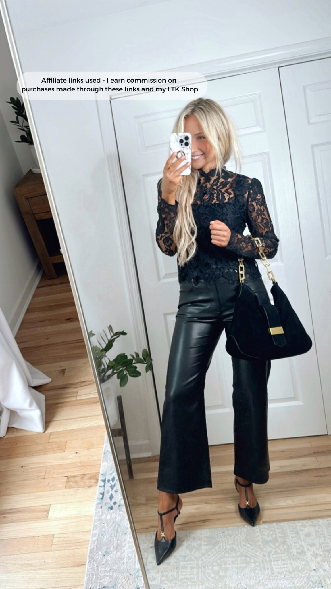 Lace top and black faux leather pants outfit would be the perfect fall date night outfit or GNO outfit!