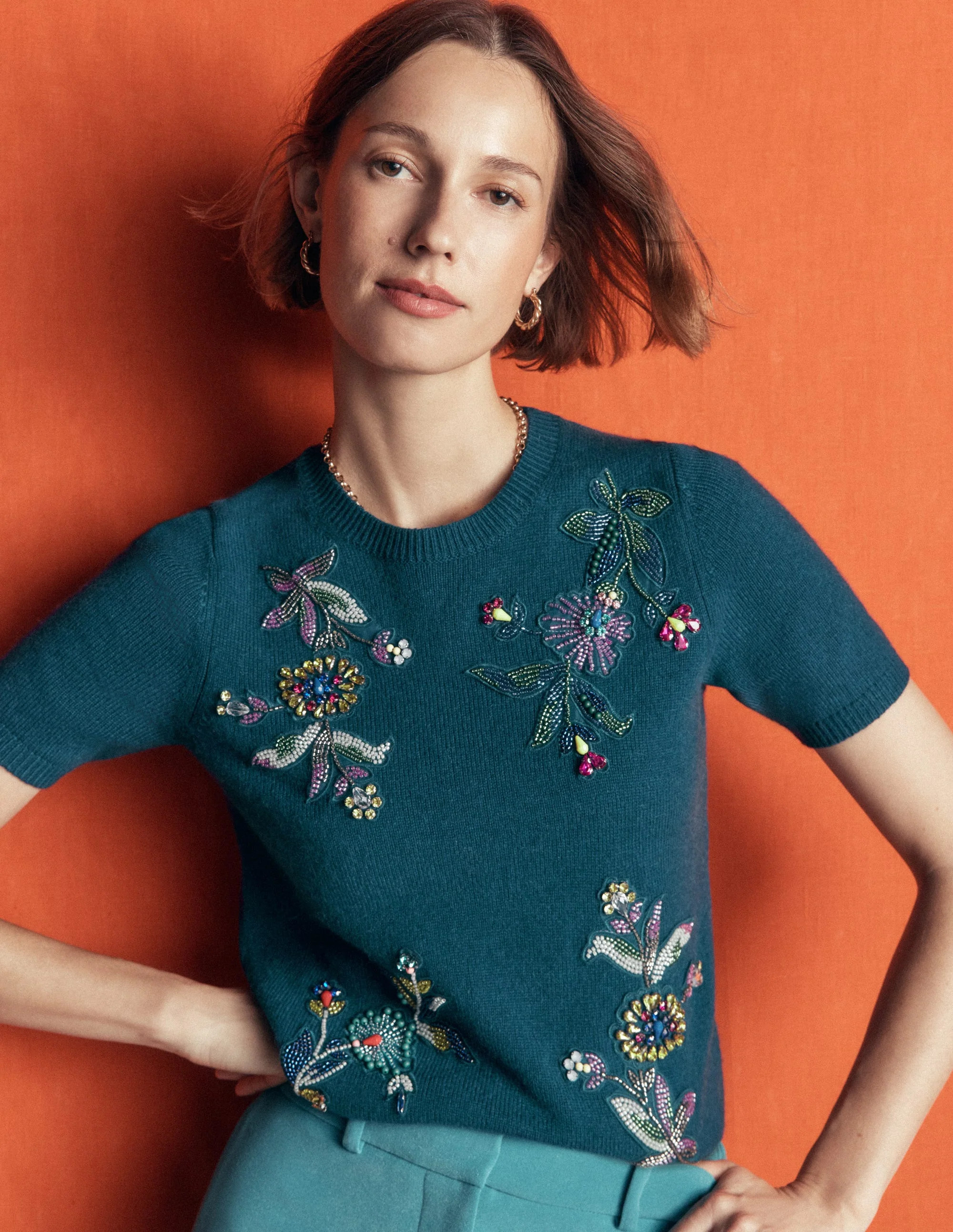 Boden Women's Ria Embellished Knit T-Shirt in Blue | Size Large | Boden (US)