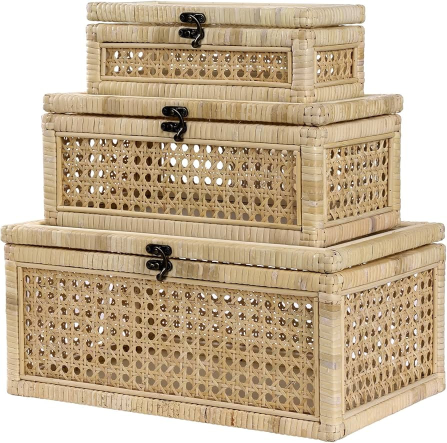 ANMINY Rattan Decorative Basket Box with Glass Lids, Set of 3 Boho Rectangular Display Boxes with... | Amazon (US)