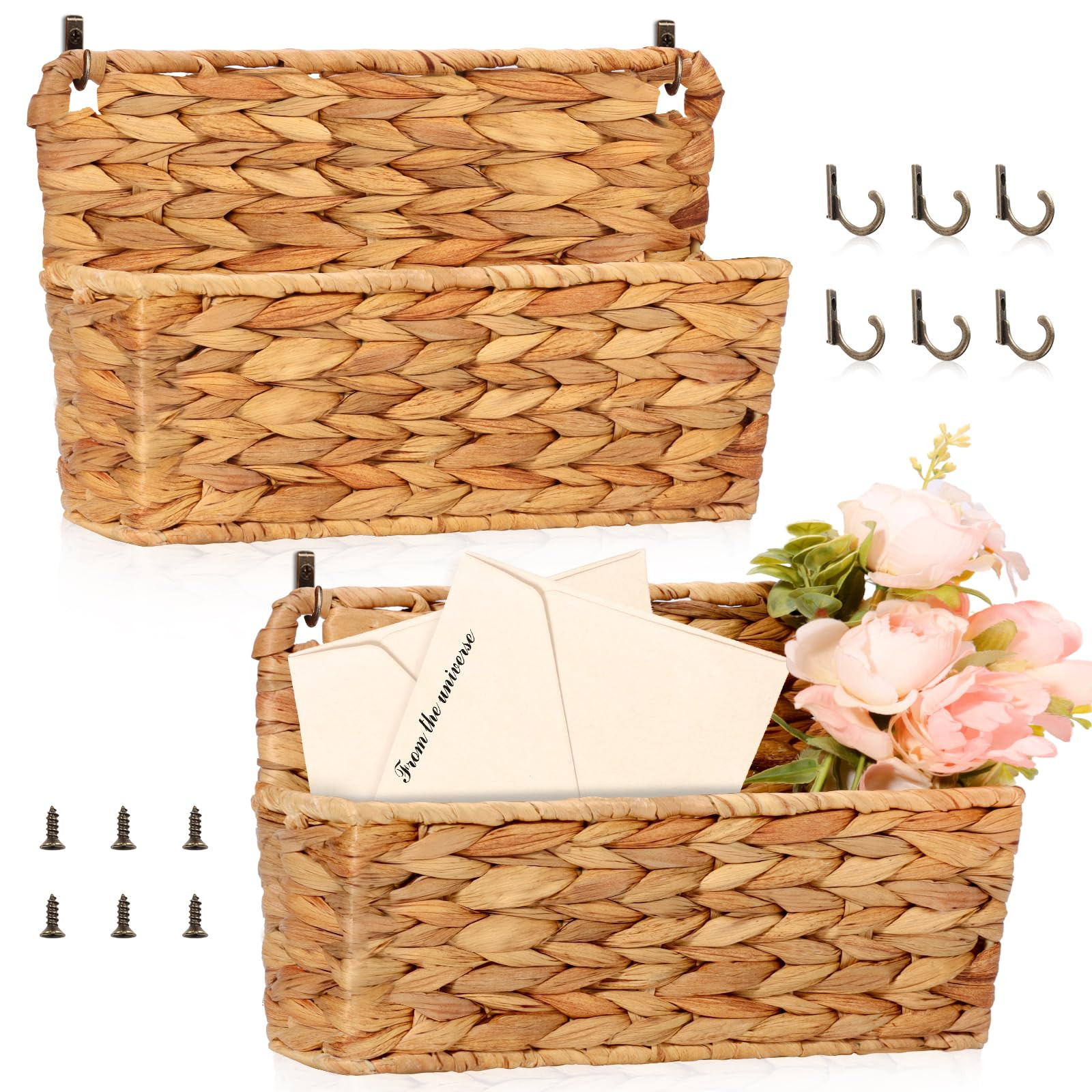 2 Pcs Woven Mail Holder Wall Mount Basket Rattan Wall Letter Holder Wicker Hanging Magazine Rack Water Hyacinth Magazine Basket 9.25x1.57 Inch Hanging Storage Basket with Hooks for Envelope Office | Amazon (US)