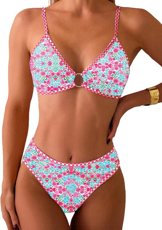Tainehs Women's Two Piece Bikini Sets O Ring Front Top Ditsy Floral Triangle Swimsuits Cheeky Bat... | Amazon (US)