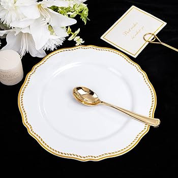 Hioasis 60pcs Gold Plastic Plates - White and Gold Trim Disposable Plates - 10.25 inch Gold Dispo... | Amazon (US)