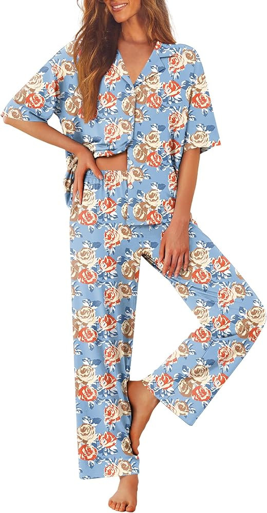 Ekouaer Women Pajamas Set Button Down Sleepwear Short Sleeve Pjs Soft Comfy Nightwear with Long P... | Amazon (US)