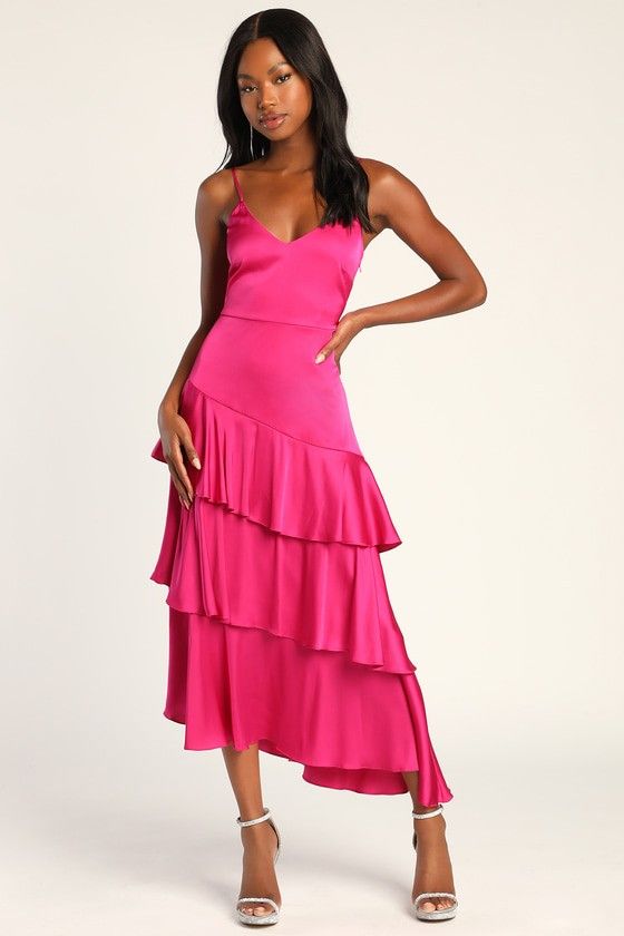 Charming Crush Hot Pink Satin Tiered Ruffled Midi Dress - Cocktail Dress | Lulus (US)