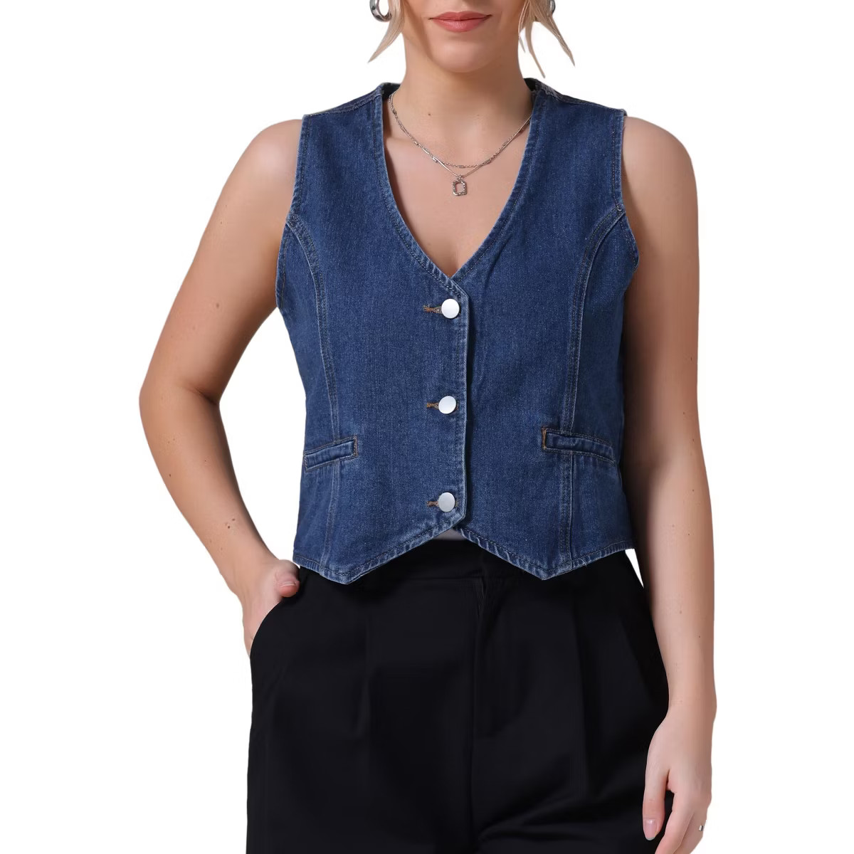 INSPIRE CHIC Women's Sleeveless V Neck Button Down Jean Crop Denim Tank Tops | Target
