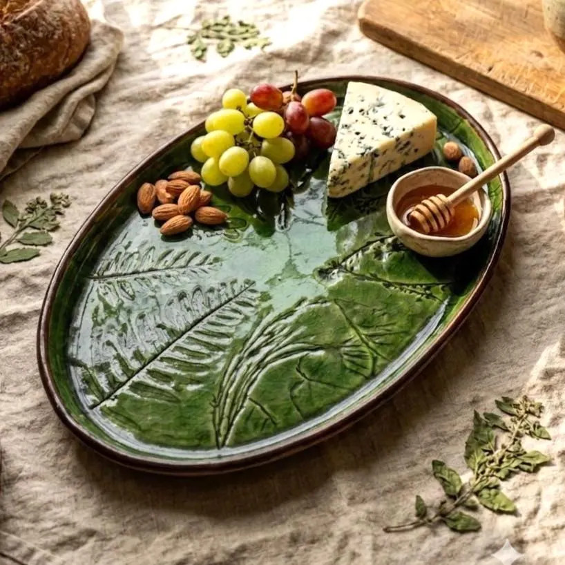 Charcuterie Board, Ceramic Serving Platter 12", Botanical Pottery Tray, Oval Cheese Board, Cottagecore Kitchen Decor, Green Serving Dish | Etsy (Global)