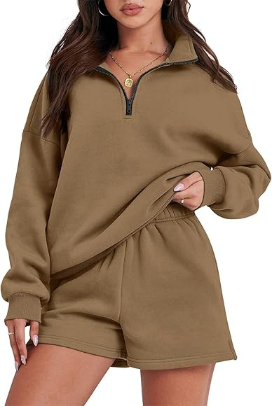 Prinbara Women 2 Piece Outfits Sweatsuit Oversized Half Zip Collared Sweatshirt Short Set Lounge ... | Amazon (US)