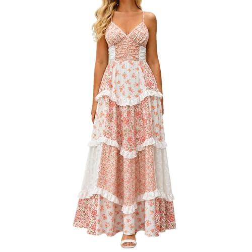ABYOVRT Women Floral Maxi Dress Spaghetti Straps V Neck Patchwork Flowy Boho Sundress Tiered Long... | Amazon (US)