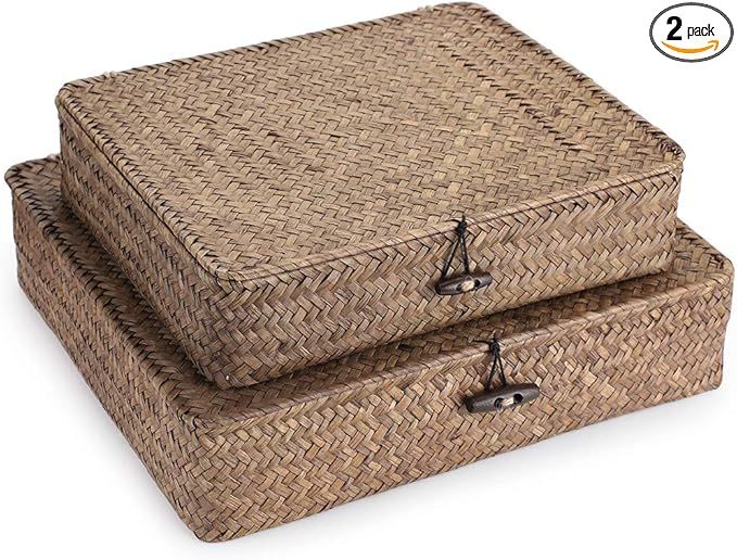 Hipiwe Set of 2 Flat Woven Wicker Storage Bins with Lid Natural Seagrass Basket Multipurpose Home... | Amazon (US)