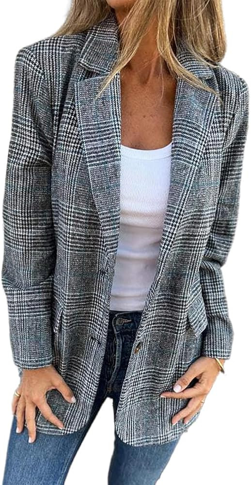 IDEALSANXUN Womens Tweed Blazer Casual Plaid Houndstooth Blazer Work Suit Jackets | Amazon (US)