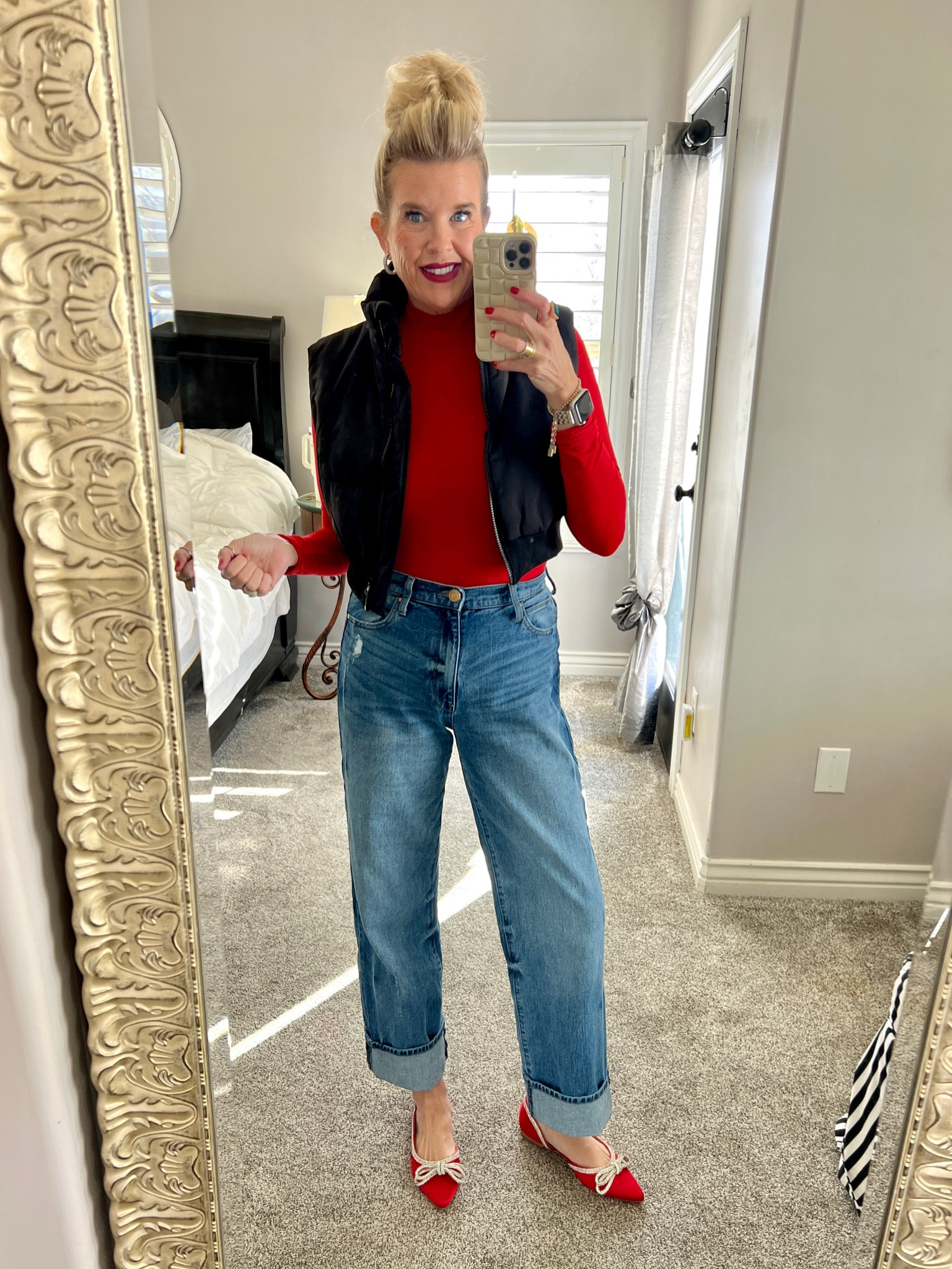 CEO outfit of the day…
Christmas errand  outfit🎅🏻🤶🏻✔️

Denim you’ll love in!

High waisted wide leg denim you can cuff or wear  long
Comfortable and fit tts.  Kut from the Kloth …

Amazon find- Pumiey body suit $28 tts (thong back)

Amazon find cropped vest tts


Target red slip ons with bling $40

Chicos baguette rhinestone hoops 

Dean Davidson emerald ring

Red lip Tom ford
With city beauty lip stain under to make it last … 

#LTKstyletip #LTKover40 #LTKGiftGuide