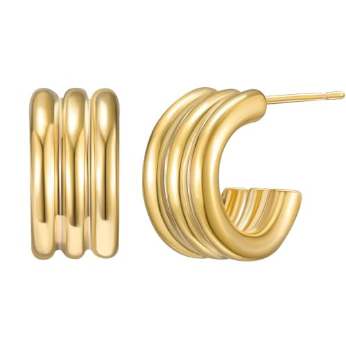 SWEETV Chunky Gold Earrings for Women 14K Plated Gold Statement Earrings Small Gold/Silver Hoop Earrings Trendy Open Hoop Earrings for Women Tiny Huggie Hoop for Adult | Amazon (US)