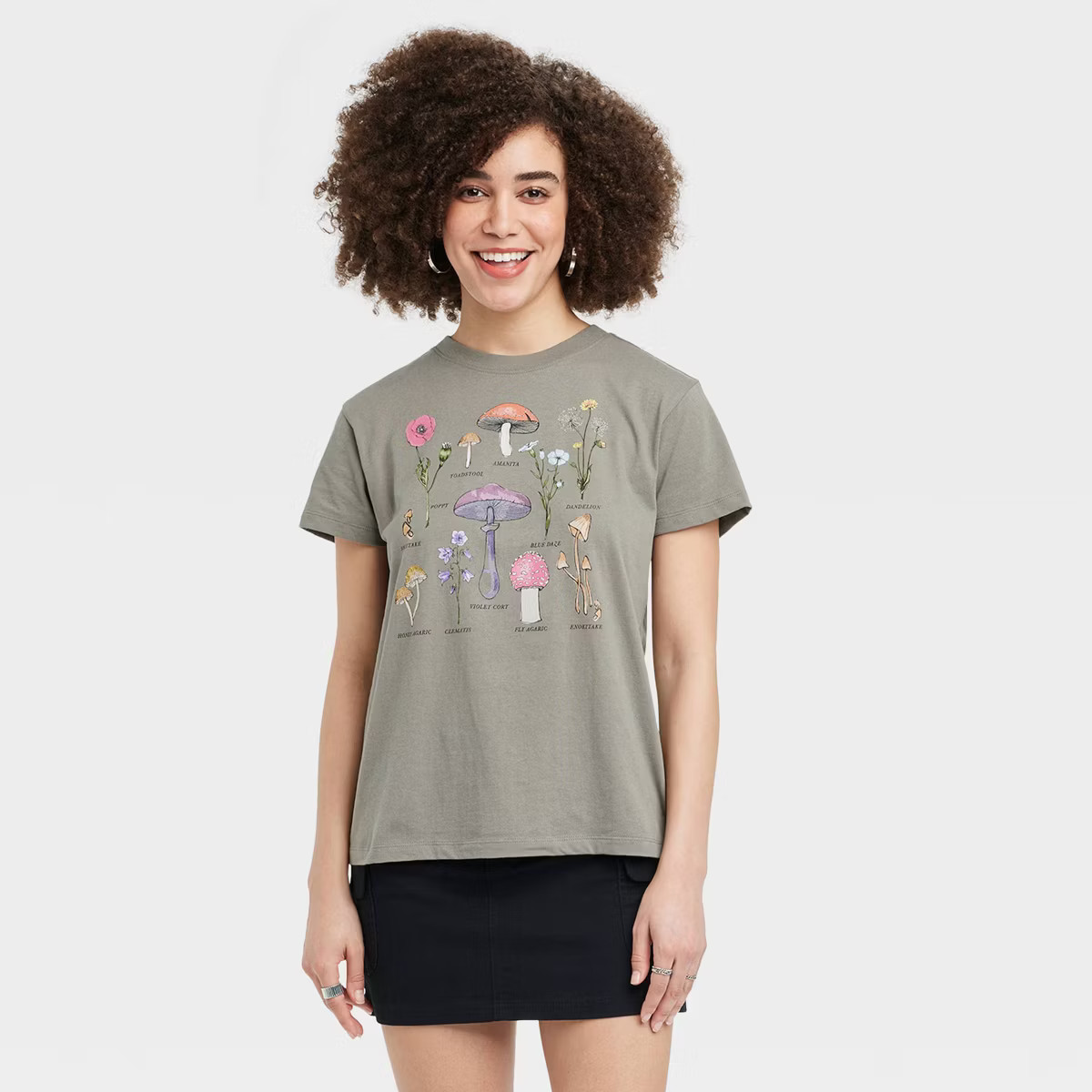 Women's Floral Mushroom Short Sleeve Graphic T-Shirt - Olive Green M | Target