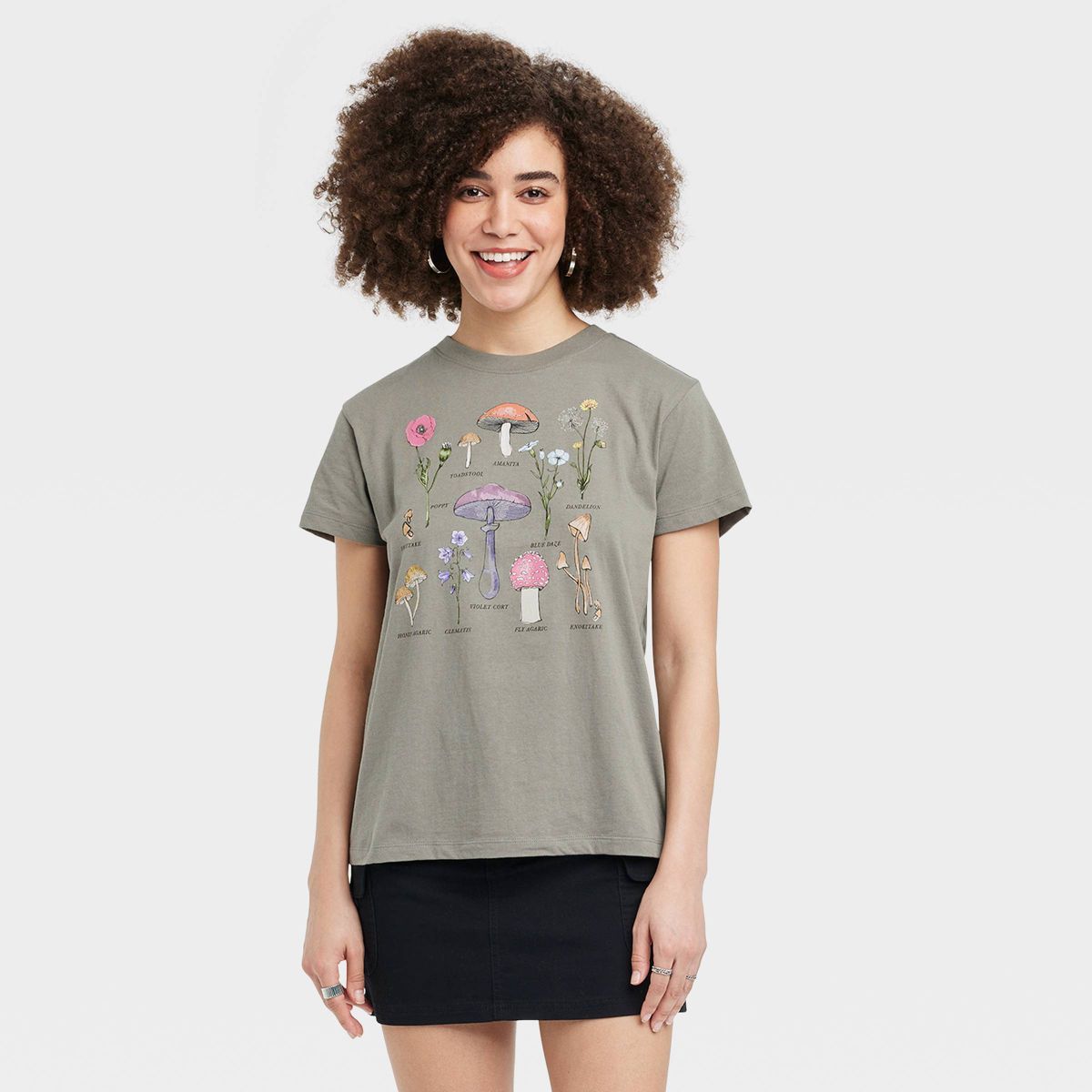 Women's Floral Mushroom Short Sleeve Graphic T-Shirt - Olive Green | Target