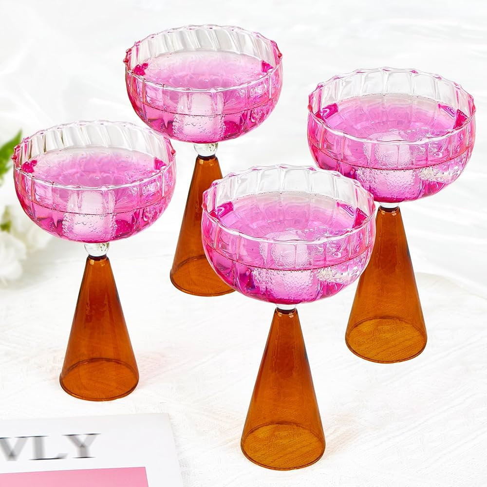 Artessa Pink Margarita glasses set, Unique Flower Wavy Cups, Cute Margaritas Glasses Rimmer Set, ... | Amazon (US)