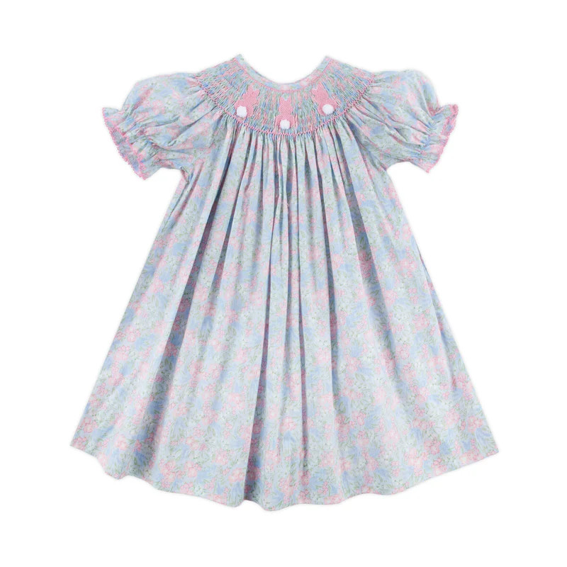 Vintage Garden Blue Floral Bunny Smocked Bishop Dress | Classic Whimsy