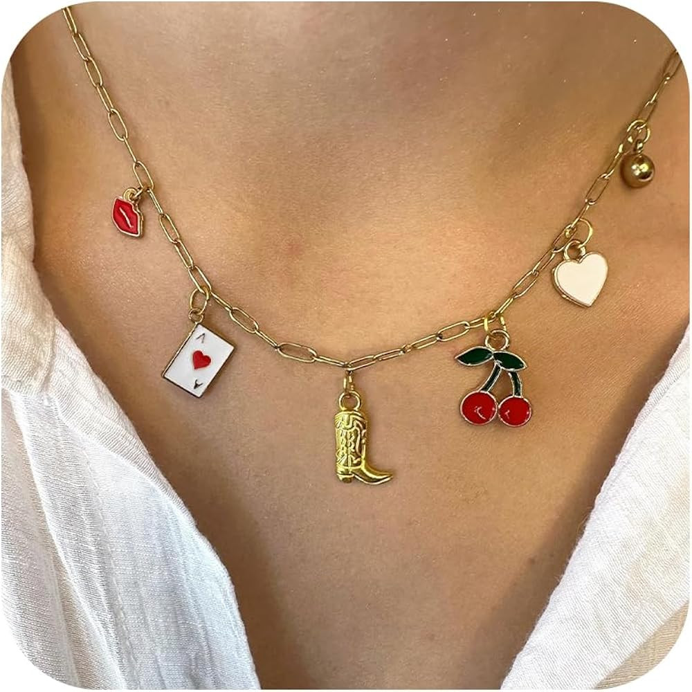 Gold Charm Necklace for Women Dainty Western Cowgirl Necklace Pearl Bow Coin Cherry Charm Necklac... | Amazon (US)