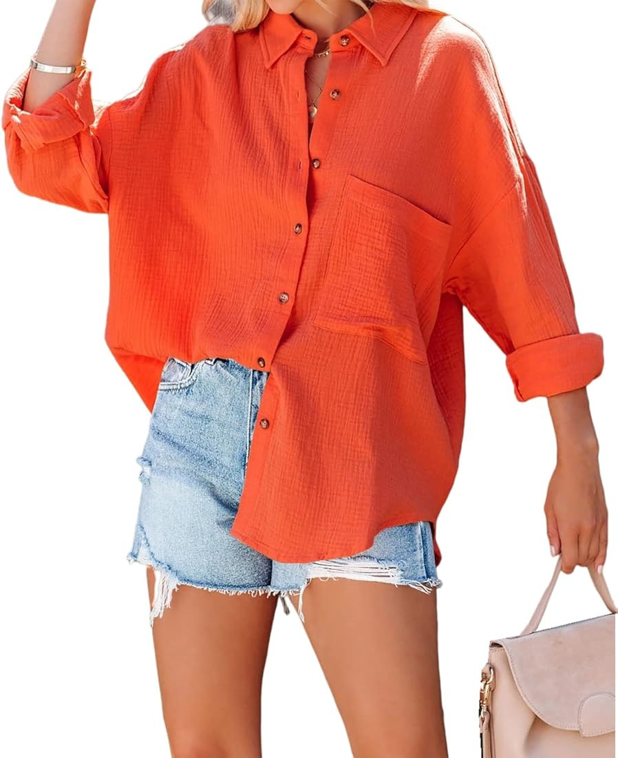 R.Vivimos Women's Fall Cotton Long Sleeve Oversized Loose Casual Button Down Shirts Blouses with Poc | Amazon (US)