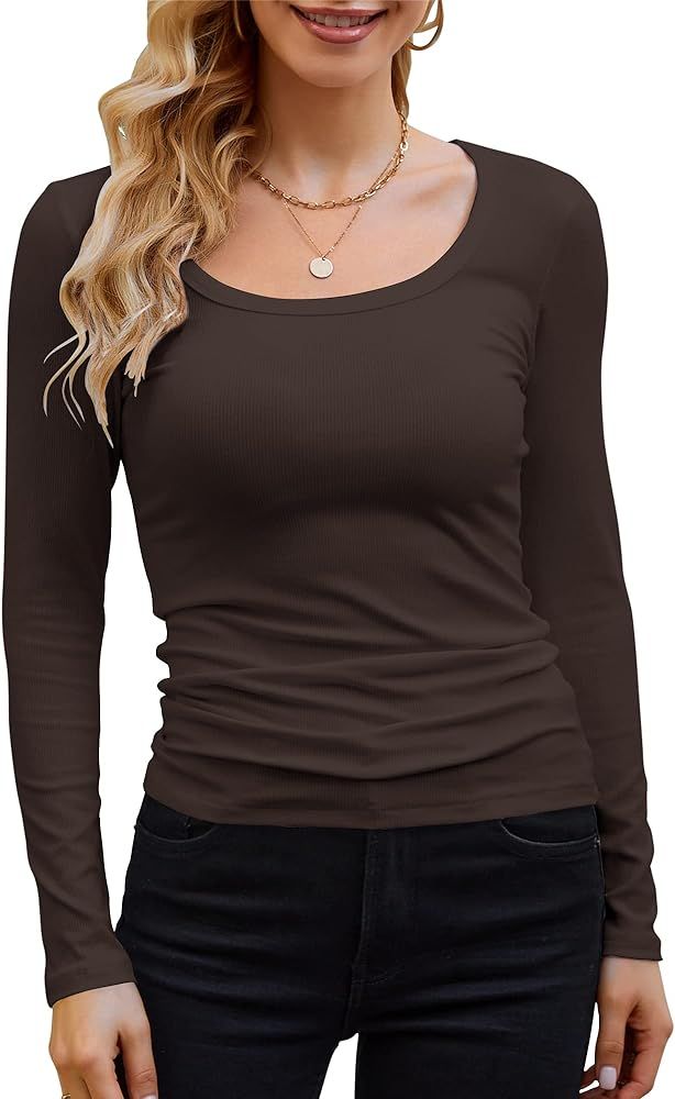 GEMBERA Womens Long Sleeve Scoop Neck Ribbed Knit Tops Casual Slim Fitted Basic Shirts | Amazon (US)