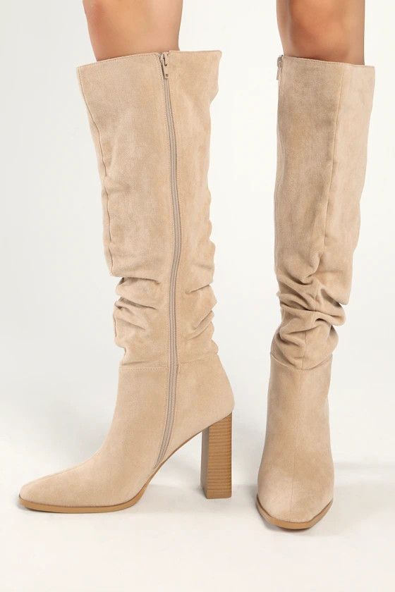 Glampy Light Nude Suede Square Toe Knee High Boots | Lulus (US)