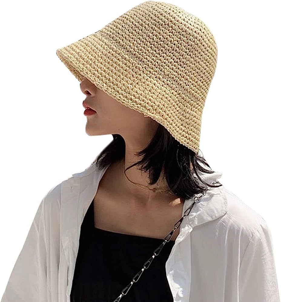 Women's Straw Sun Hat Hand-Woven Packable Beach Bucket Hat Summer Floppy UV Protection Hat | Amazon (US)