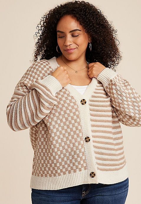 Plus Size Checkered Striped Mix Button Down Cardigan | Maurices