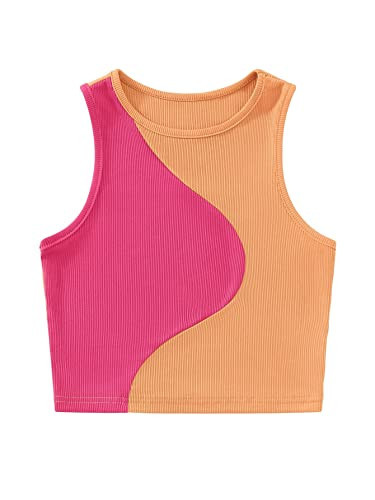 SweatyRocks Women's Summer Ribbed Knit Sleeveless Vest Color Block Crop Tank Top Pink Orange XL | Amazon (US)