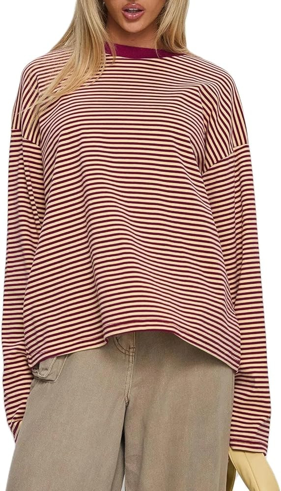 Striped Long Sleeve Shirt Women Y2k Oversized Crewneck Vintage Tops Fall Winter Drop Shoulder Cut... | Amazon (US)