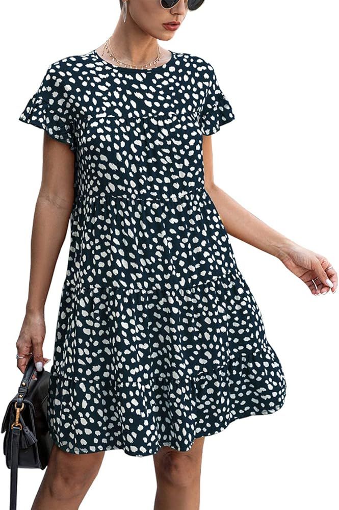 KIRUNDO 2020 Summer Women’s Ruffle Mini Dress Short Sleeves Leopard Floral Round Neck Loose Ple... | Amazon (US)