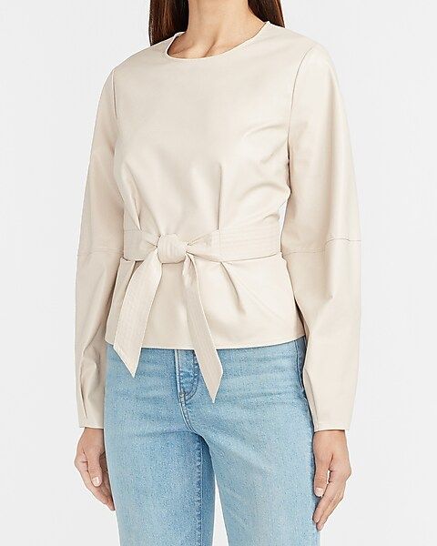 Belted Faux Leather Puff Sleeve Top | Express